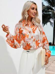 Aveloria Floral Print Button Front Shirt - Orange - View 3