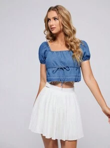 SHEIN EZwear Puff Sleeve Drawstring Peplum Denim Top - Medium Wash - View 6