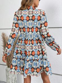 SHEIN Clasi Allover Print Ruffle Hem Smock Dress - Blue - View 2