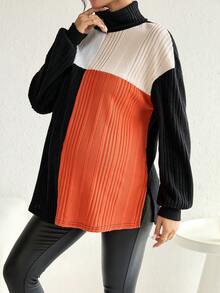 SHEIN 孕婦拼色高領落肩T恤 - 黑色 - 查看 5