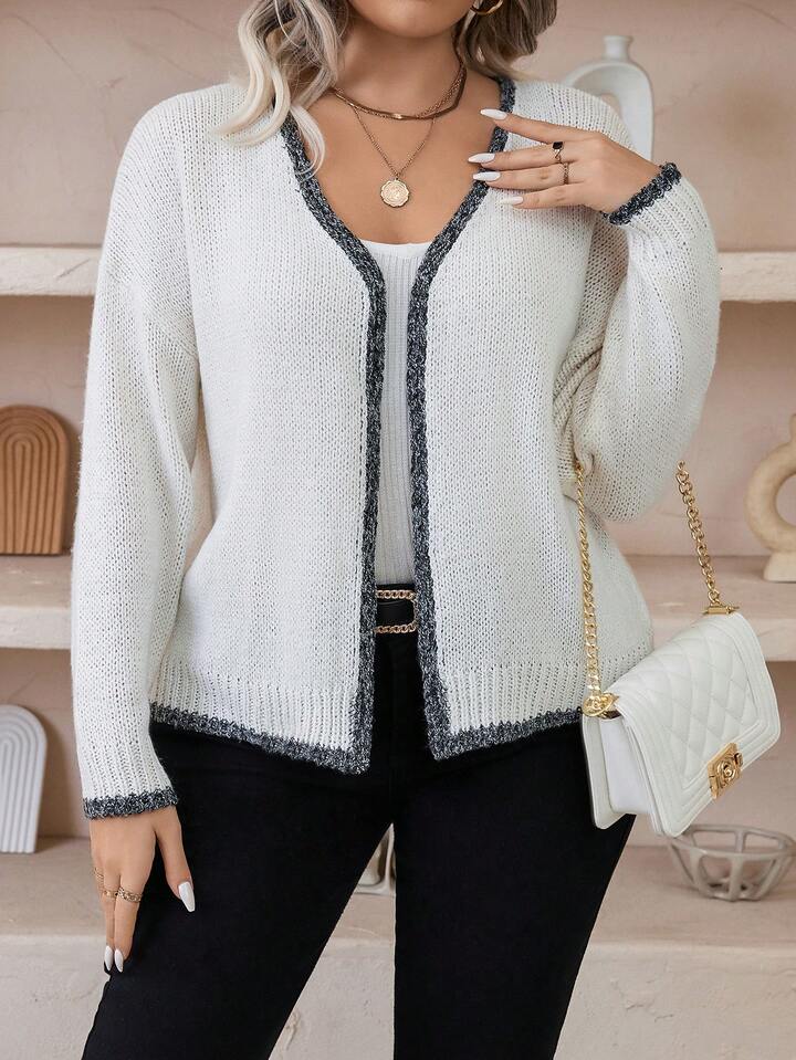 SHEIN LUNE Plus Contrast Trim Drop Shoulder Open Front Cardigan | SHEIN UK