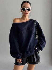 DAZY 字母壓紋落肩袖運動衫 - 藏蓝色 - 查看 5