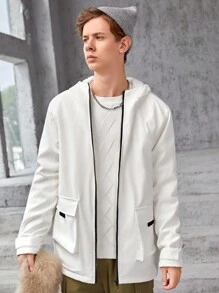 SHEIN Teen Boy Flap Pocket Fuzzy Trim Hooded Coat - White - View 7