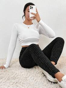 SHEIN Frenchy Solid Ribbed Knit Black Skinny Leggings Casual - Black - View 3