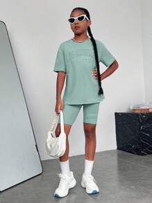 SHEIN NovaGlow Tween Girl Tween Girl Letter Graphic Drop Shoulder Tee & Biker Shorts - Mint Green - View 1
