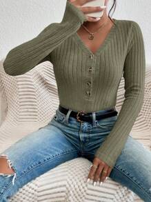SHEIN Frenchy Button Front Ribbed Knit Bodysuit - Dark Green - View 1