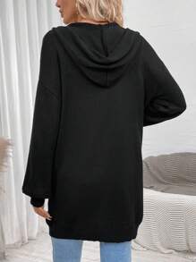 SHEIN LUNE Dual Pocket Drop Shoulder Open Front Hooded Cardigan - Black - View 2