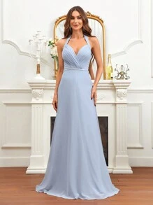 SHEIN Belle 露背繞頸雪紡伴娘洋裝 - 藍色 - 查看 6