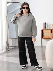 Tween Girls' Woven Solid Color Wide Leg Pants With Loose Fit And Double Patch Pockets - Black - View 5