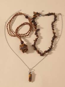 ROMWE Fairycore 3pcs Fashion Iron Alloy Geometric Charm Necklace For Women For Daily Decoration - Brown - View 3