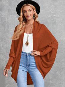EMERY ROSE Batwing Sleeve Rib-knit Open Front Coat - Orange - View 1