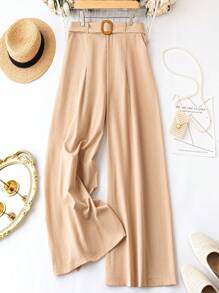 SHEIN Clasi Plus Solid Belted Wide Leg Pants - Apricot - View 1