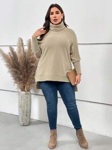 EMERY ROSE Hơn Áo cao cổ tay cánh Viền chia cắt Áo len - màu nâu - Xem 4