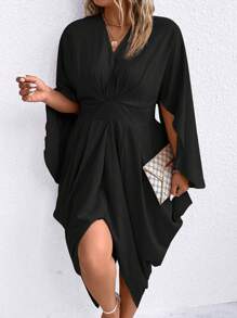 SHEIN Clasi Plus Solid Batwing Sleeve Twist Front Asymmetrical Hem Dress - Black - View 4