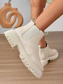 女士时尚舒适休闲西式切尔西大码厚底踝靴 - 米色 - 查看 5