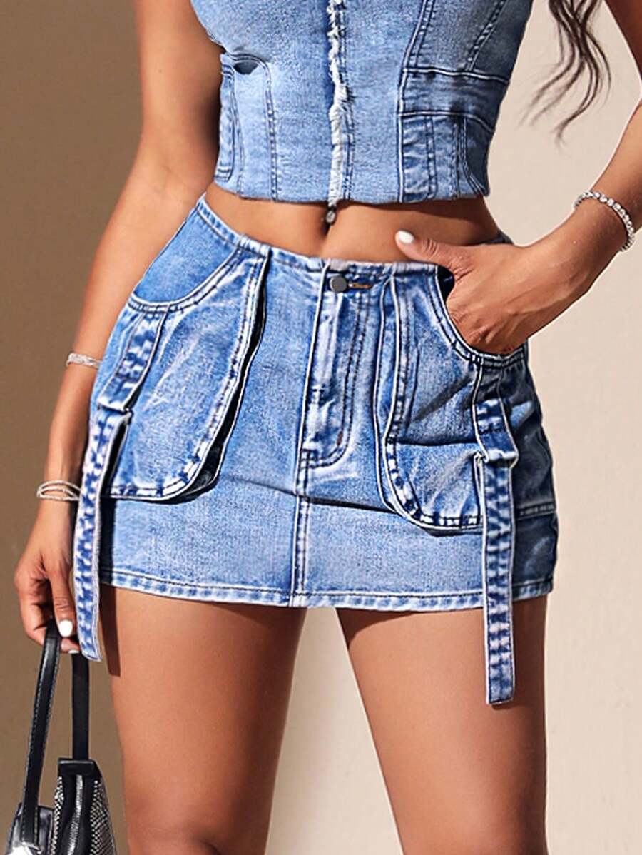 SHEIN BAE 翻蓋口袋帶扣細節牛仔半身裙 - 藍色 - 查看 1