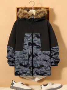 SHEIN Chico preadolescente Abrigo con capucha con estampado de camuflaje con cremallera ribete lanudo - Multicolor - Ver 7
