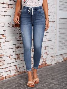 SHEIN LUNE Rách Cuộn lên Hem Eo dây rút Quần jean ôm - Màu xanh lam - Xem 4