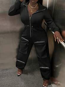 Slaydiva 女式休闲连体裤，带拉链口袋和卷边下摆，黑色，长款 - 黑色 - 查看 3