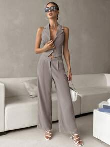 SHEIN Unity Solid Button Front Vest Blazer & Wide Leg Pants - Dusty Purple - View 6