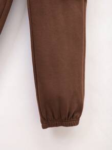 SHEIN 男童泰迪熊图案毛绒连帽卫衣，带斜插口袋和英文印花肩带斜挎包套装，抓绒面料，加厚款 - 棕色 - 查看 11