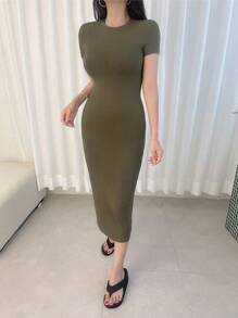 DAZY 純色圓領修身洋裝 - 橄欖綠 - 查看 1