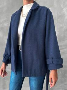 EURMUSE Lapel Neck Belted Overcoat - Navy Blue - View 5