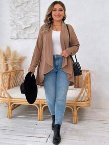 SHEIN LUNE 大碼開門襟不對稱下擺外套 - 卡其色 - 查看 6