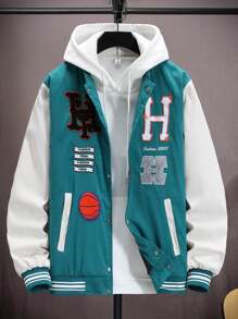 Manfinity Sporsity Men Letter Patched Striped Trim Colorblock Varsity Jacket Without Hoodie