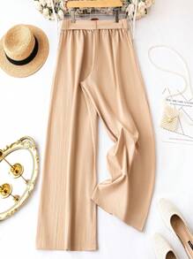 SHEIN Clasi Plus Solid Belted Wide Leg Pants - Apricot - View 2