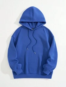 SHEIN EZwear Đồ họa Khẩu hiệu Thả vai Hoodie - Màu xanh lam - Xem 3