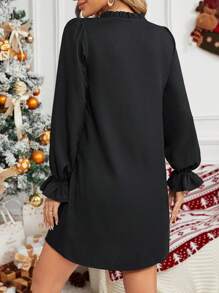 SHEIN LUNE Tie Neck Flare Sleeve Tunic Dress - Black - View 6
