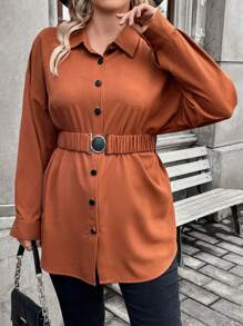 SHEIN Franclia 大碼落肩繫帶襯衫 - 棕色 - 查看 3