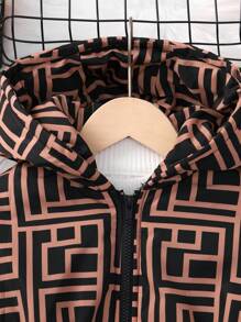 SHEIN Tween Girl 1 件装全身印花抽绳腰带连帽棉服外套 - 卡其色 - 查看 3