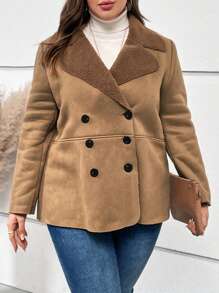 EMERY ROSE 大碼西裝領雙排釦毛絨內襯外套 - 卡其色 - 查看 5