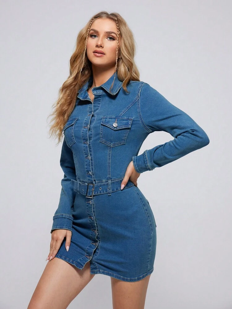 Flap Pocket Button Front Denim Dress