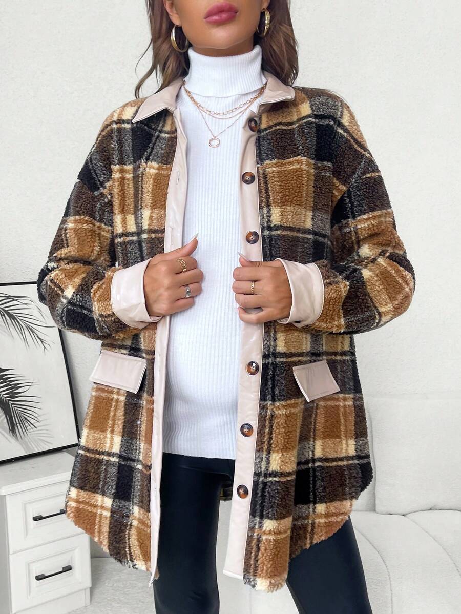 SHEIN Maternity Plaid Print Drop Shoulder Contrast Trim Coat - Brown - View 1