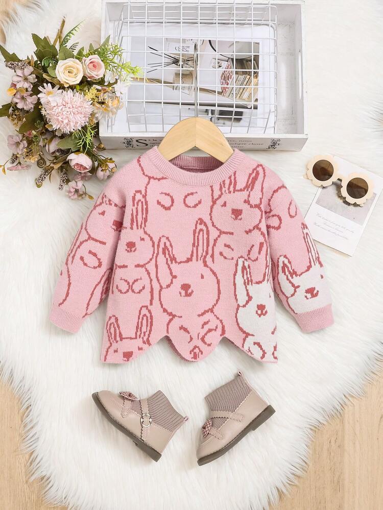 Baby Girl Cartoon Pattern Asymmetrical Hem Sweater
