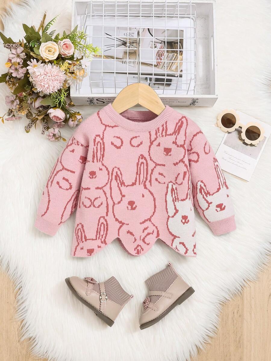 SHEIN Baby Girl Cartoon Pattern Asymmetrical Hem Sweater - Pink - View 1