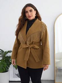SHEIN Clasi Plus Fringe Trim Waterfall Collar Belted Overcoat - Brown - View 1