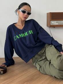 DAZY Letter Graphic Drop Shoulder Sweatshirt - Navy Blue - View 8