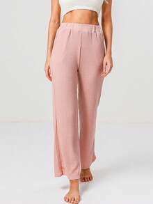 Solid Ribbed Knit Wide Leg Pants - Pink - View 1