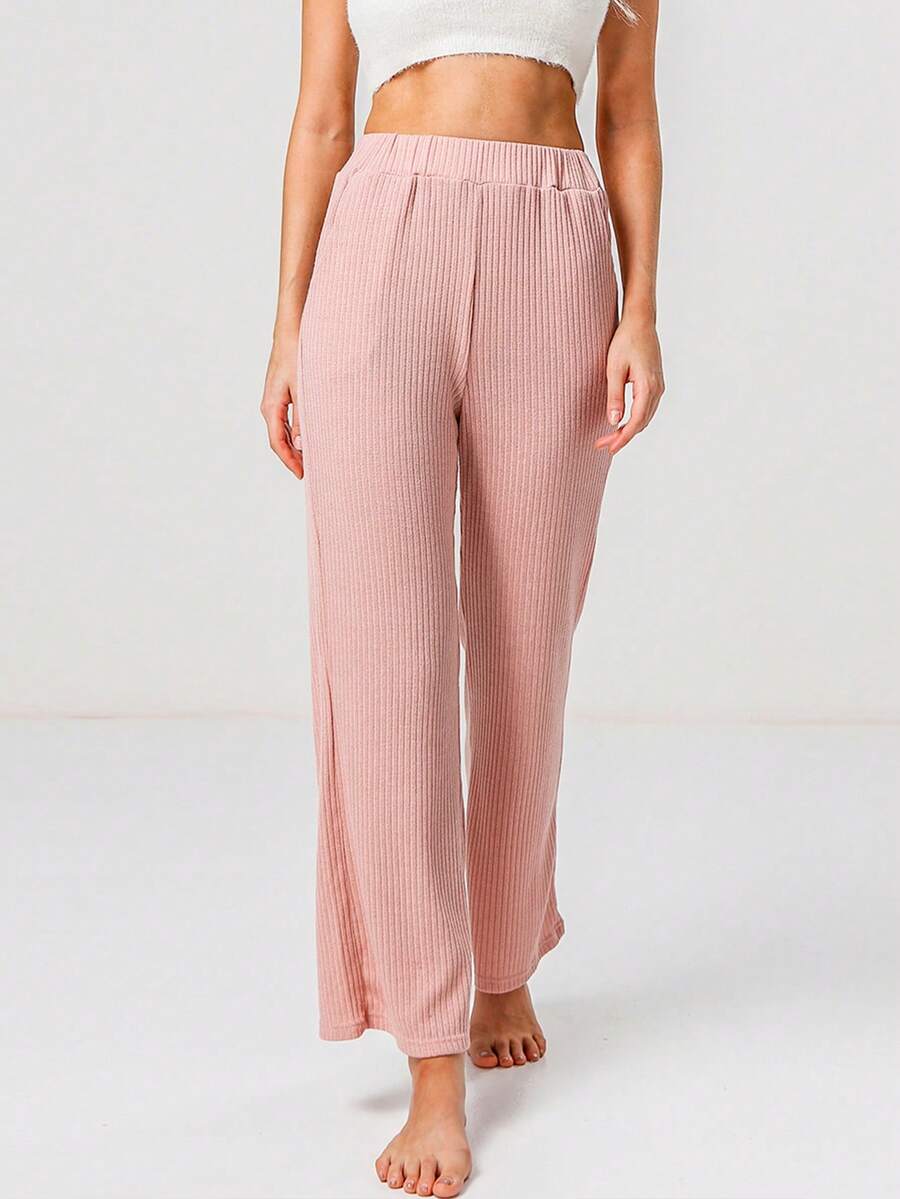 Solid Ribbed Knit Wide Leg Pants - Pink - View 1