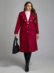SHEIN Clasi Talla grande Abrigo de cuello con solapa con doble bolsillo con botón delantero - Burdeos - Ver 3