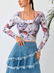 Soleia Camiseta corta con estampado floral y lazo en la espalda