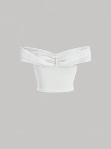 SHEIN MOD Off Shoulder Twist Front Ruched Crop Tee - White - View 2