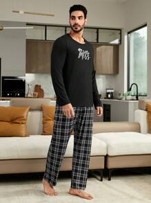 Men 1pc Letter Graphic Tee & 1pc Plaid Pants PJ Set / Pajama Set - Multicolor - View 5