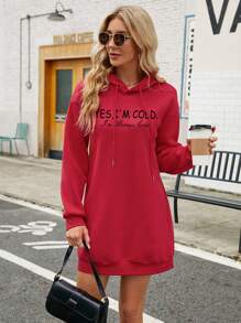 SHEIN Essnce 標語圖案落肩袖抽繩連帽洋裝 - 紅色 - 查看 1