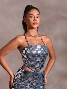 SHEIN BAE Contrast Sequin Patched Bandana Backless Cami Top - Multicolor - View 4