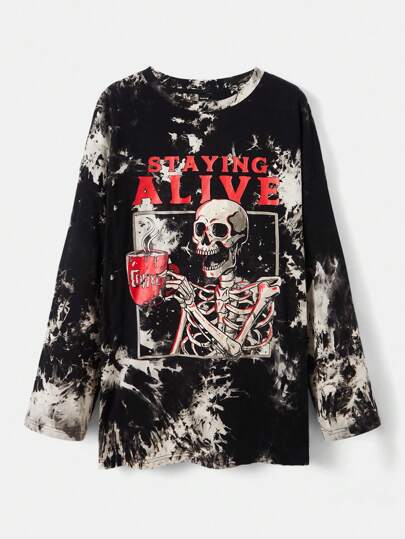 Eduely Artist Dark Plus Tie Dye Skull & Slogan Graphic Tee, Black, 100% Cotton, For Holiday, Vacation, Spring, Festival, Ibiza Fits